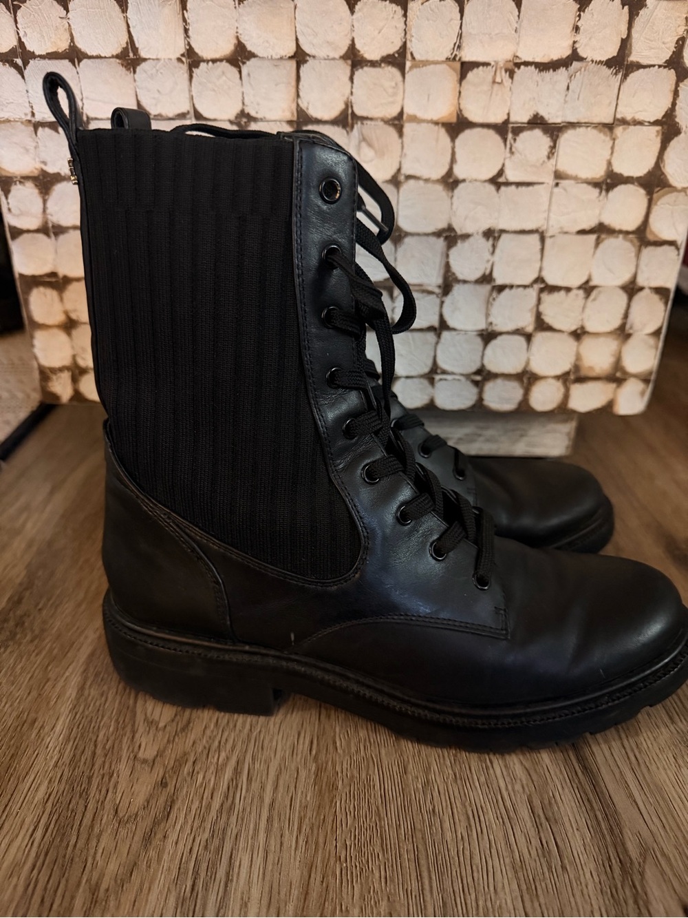 Sam Edelman Black Ribbed Knit-Panel Lace-Up Combat Boots